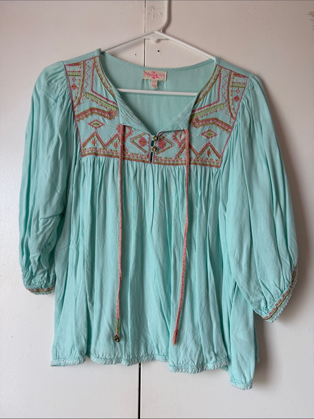 Z&L Mint Embroidered Peasant Tunic with Tassel Ties